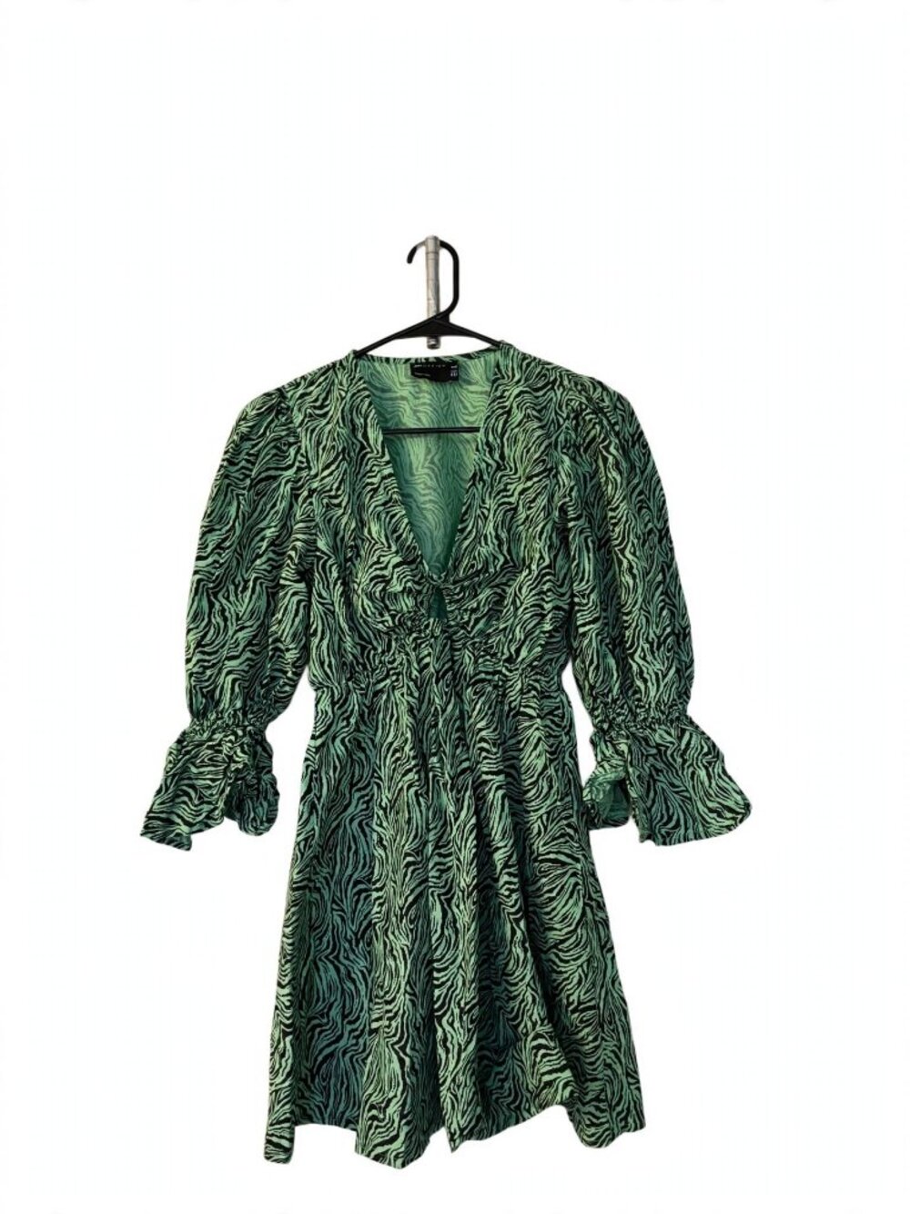 ASOS Green Zebra Print Mini Dress Size S V-Neck Puff Sleeves